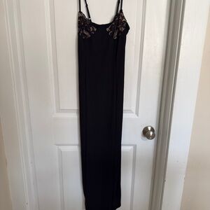 BLACK LACE TRIM MAXI DRESS BODYCON STRAPPY MINIMAL SLIP DRESS